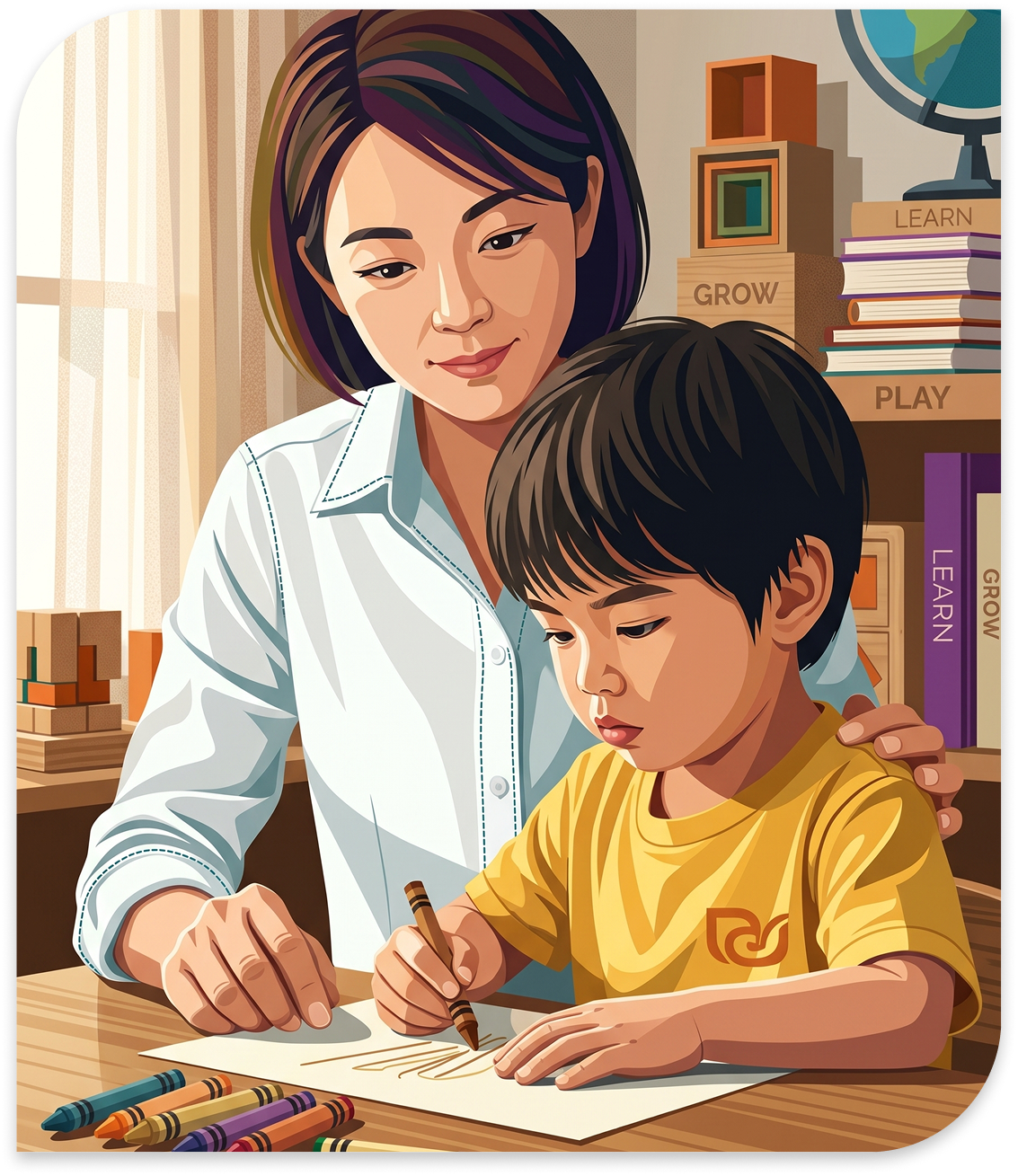 Teacher guiding a child through creative learning at Fawn Kids